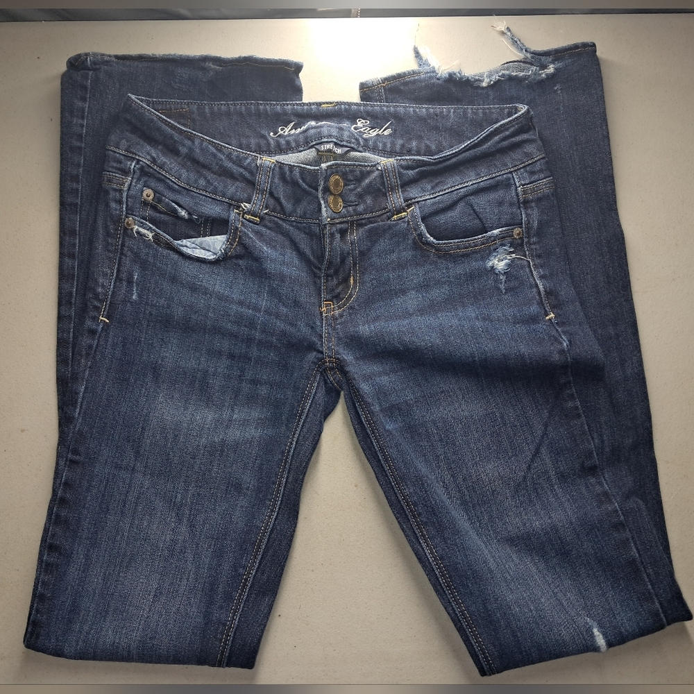 American Eagle Outfitters Dark Blue Flare Jeans Button Fly Size 2